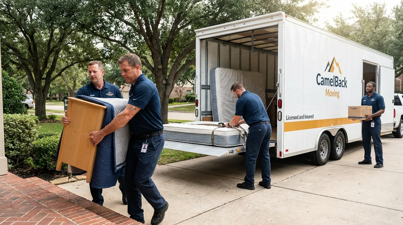 Crew loading residential truck for cross-state move from Webster, TX