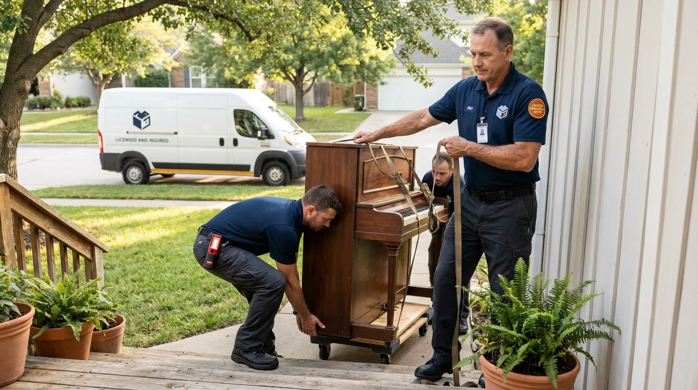 Licensed piano movers securing grand piano in Webster, TX