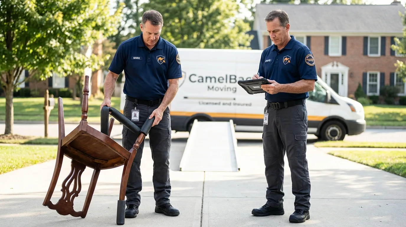 Movers inspecting furniture for damage prevention before loading in Webster, TX
