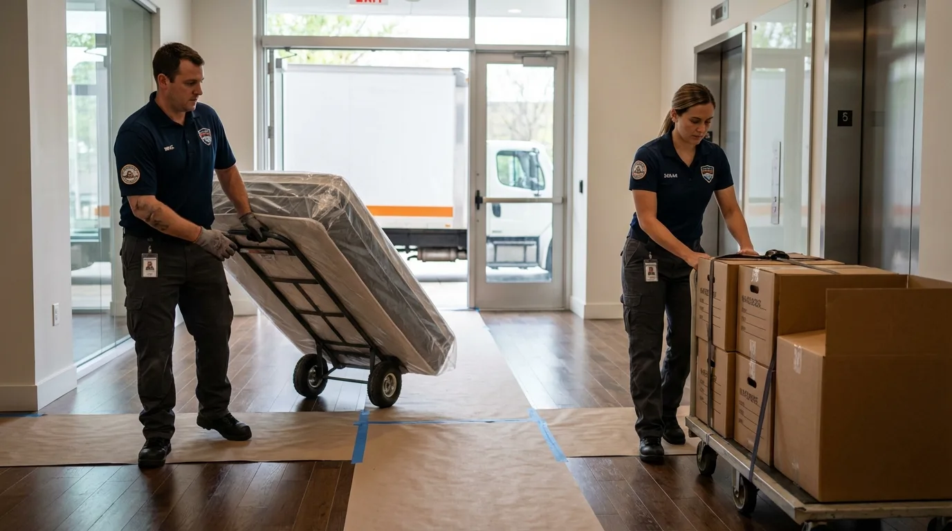 Professional apartment movers loading elevator in Webster, TX